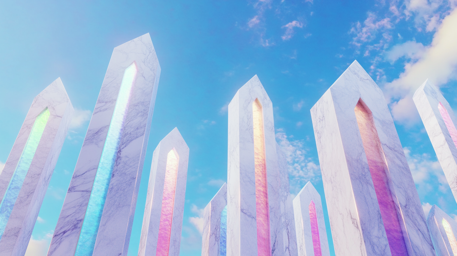 Tall marble buildings with colorful windows reaching sky. shaped arrows.