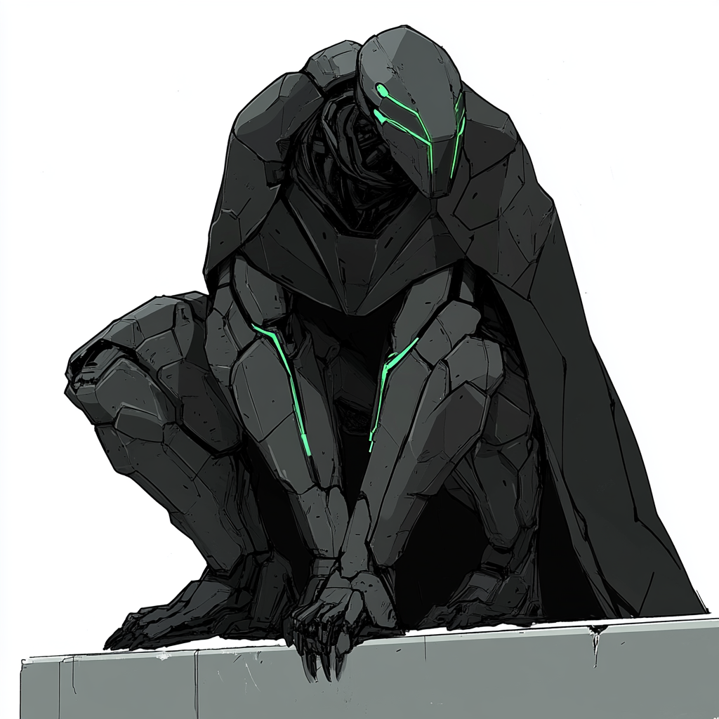 Tall mech in black cloak and green highlights squatting.