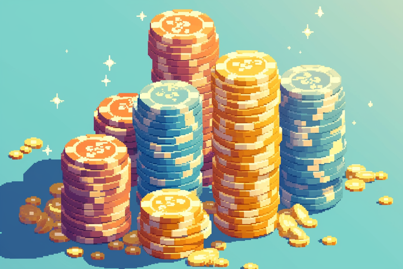 Tall stacks of colorful poker chips in pixel art