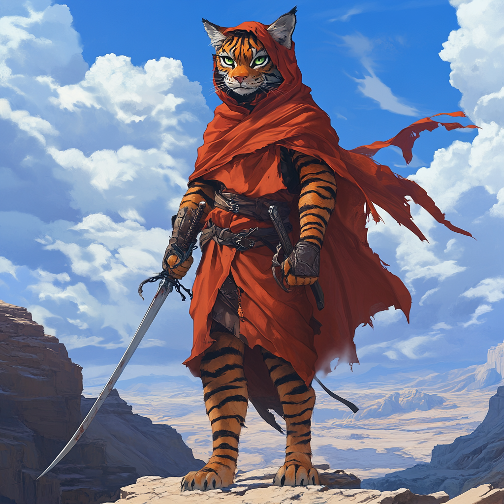 Tall tabaxi rogue with green eyes and rapier.