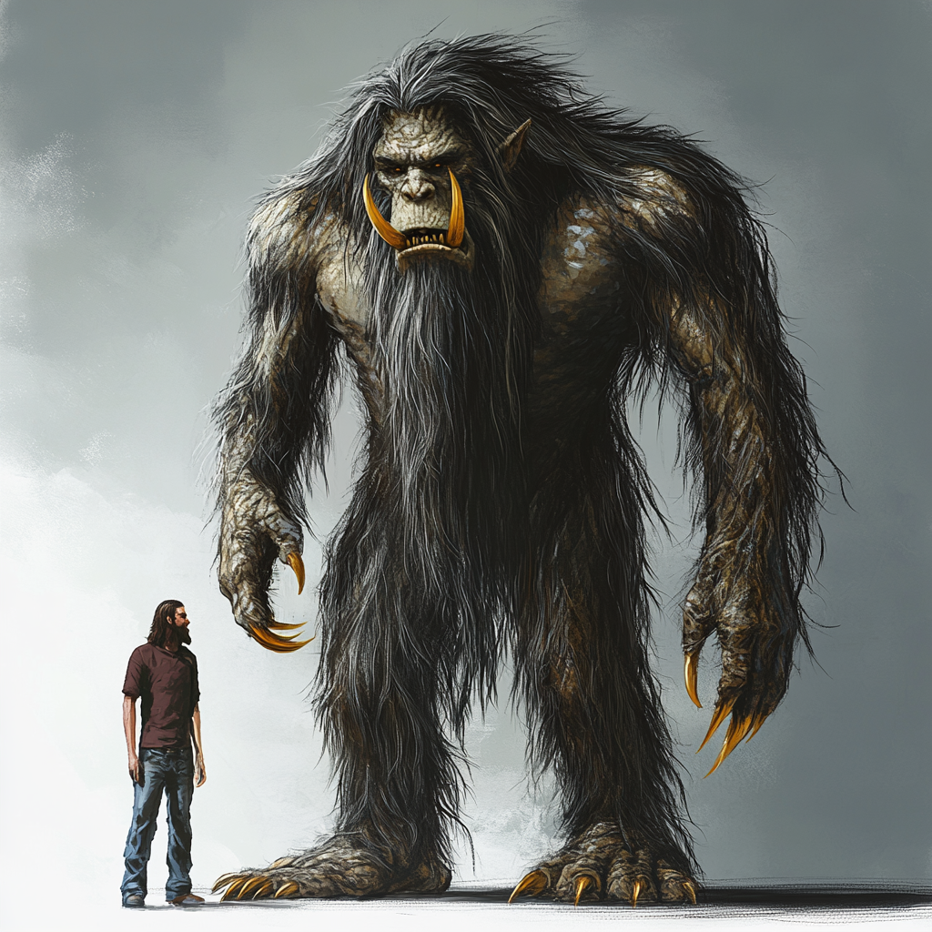 Tall troll with grey skin, black hair, and tusks.