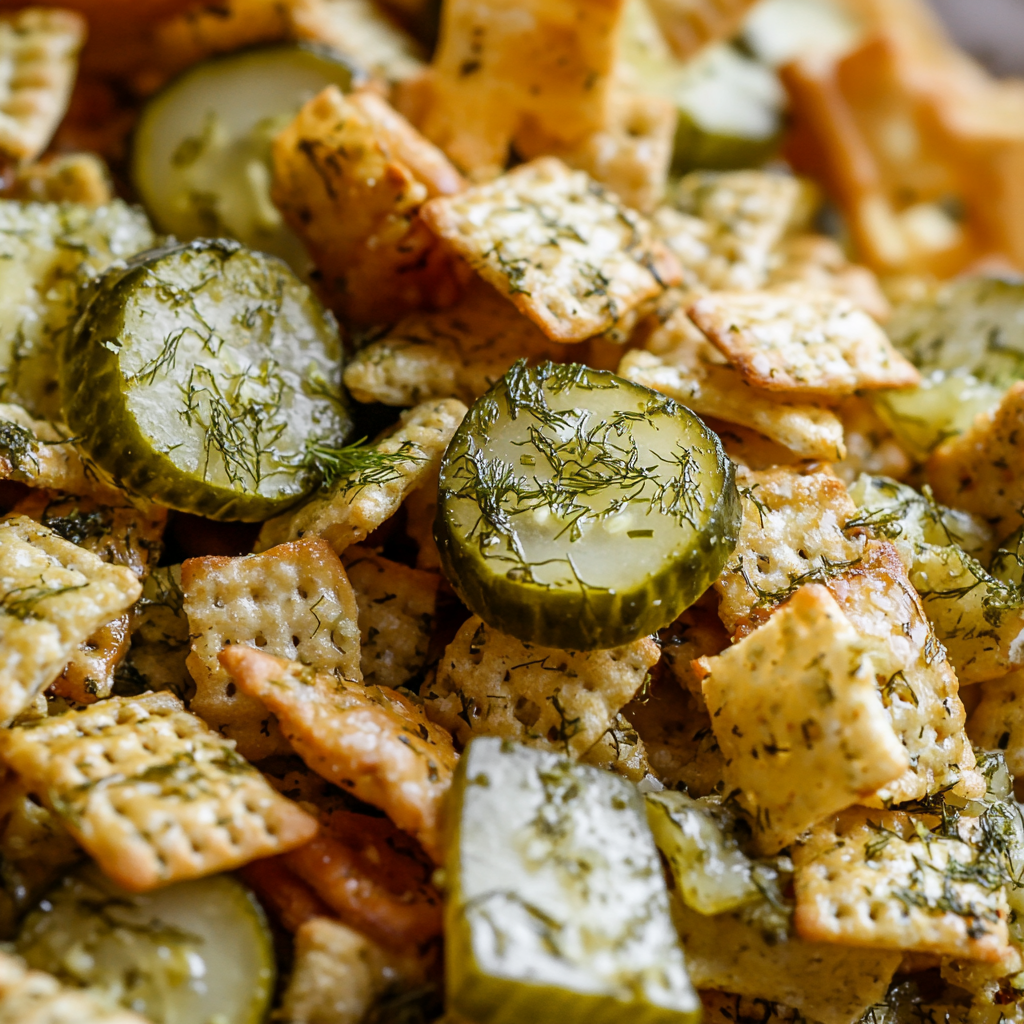 Tangy Dill Pickle Chex Mix Snack Closeup