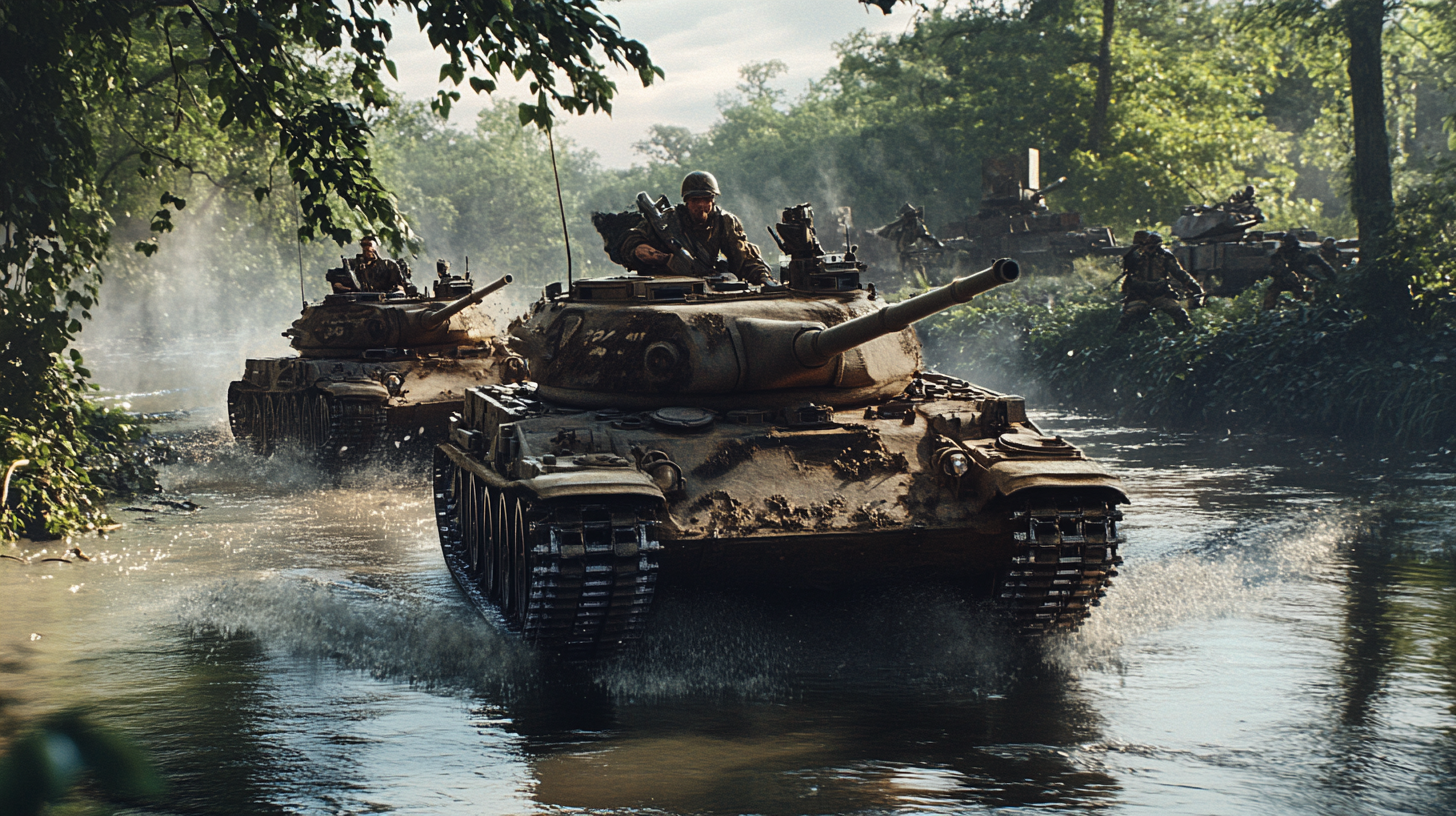 Tanks driving through Washington, hyper-realistic image captured beautifully.