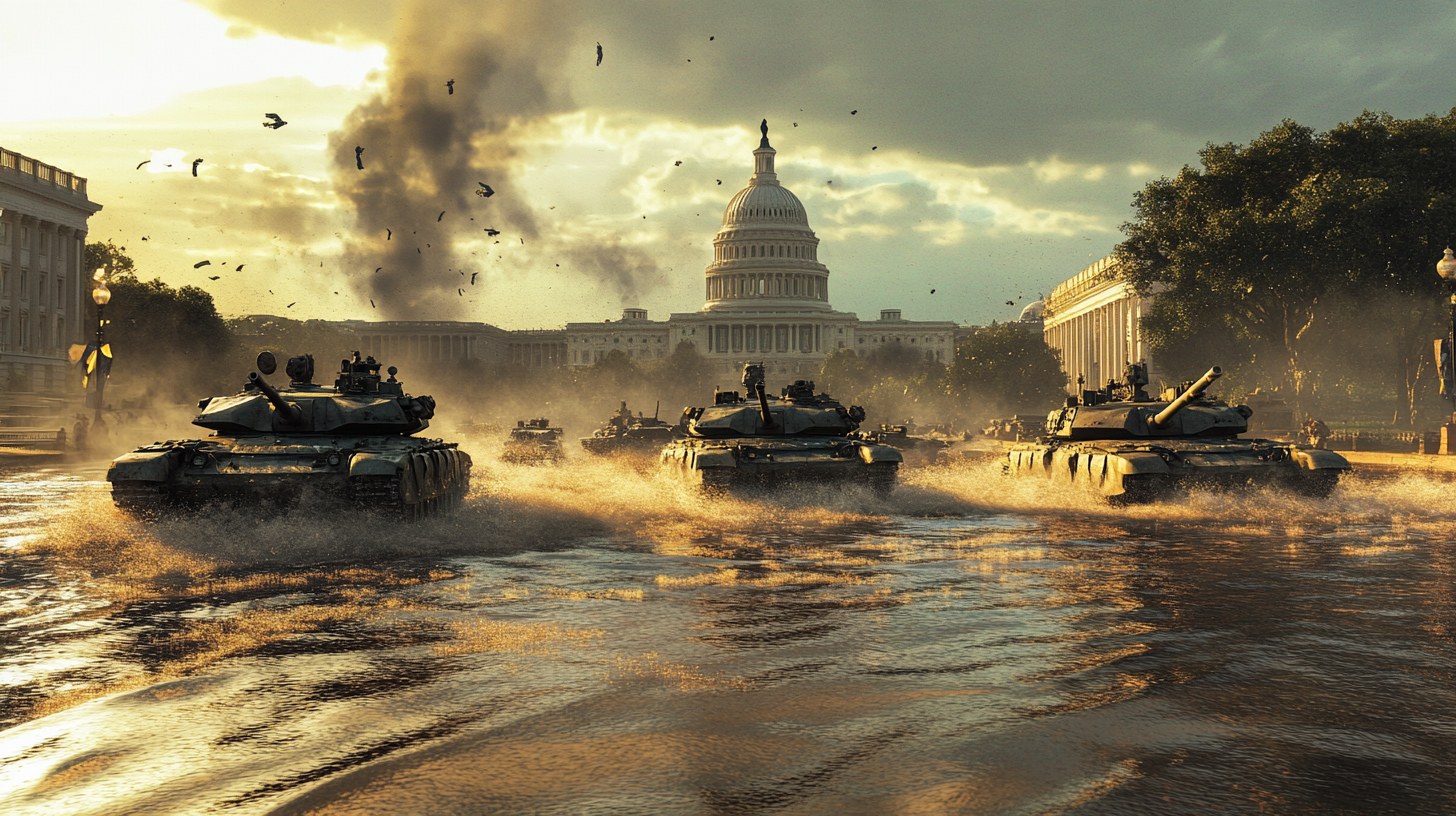 Tanks driving through Washington to the Broken Capitol.