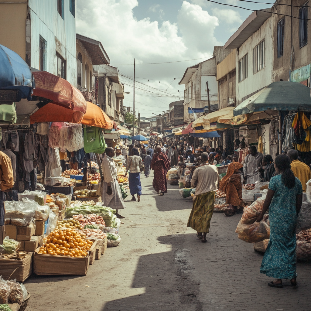 Tanzania Market Street with Busy Intersection People Shopping