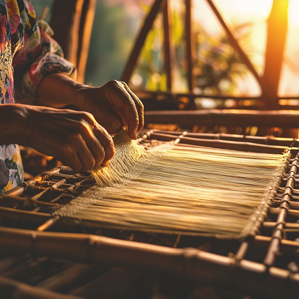 Taroko people weaving cloth, sunlight through bamboo house gaps.