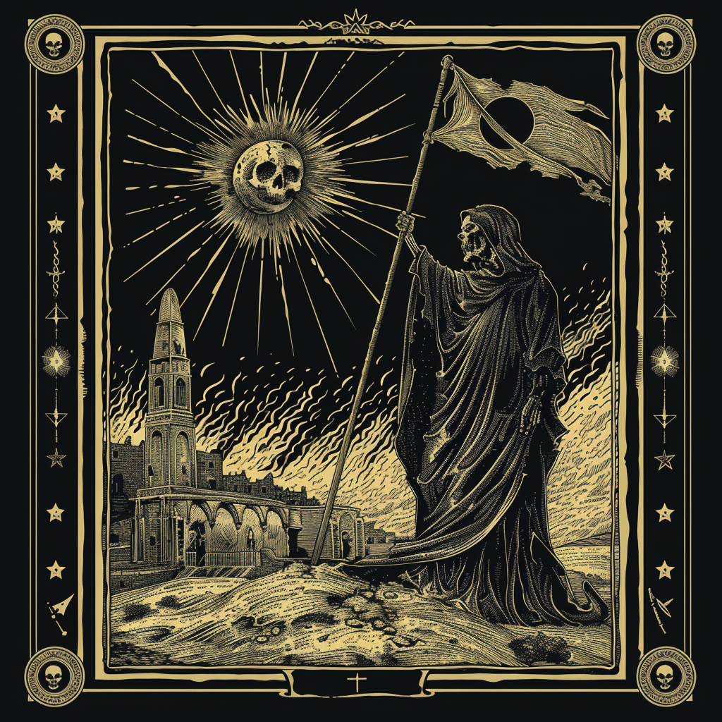 Tarot card with grim reaper holding flag.