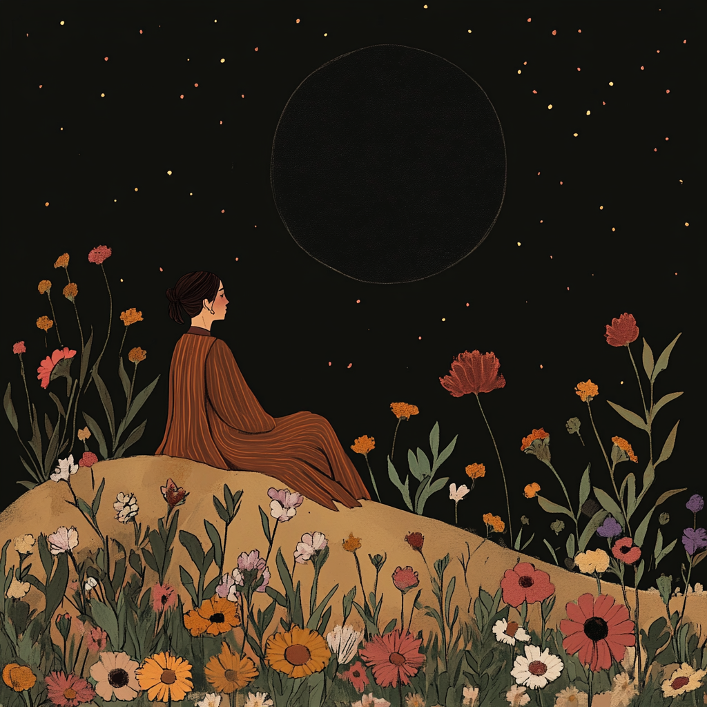 Tarot card: Woman in brown dress under black moon