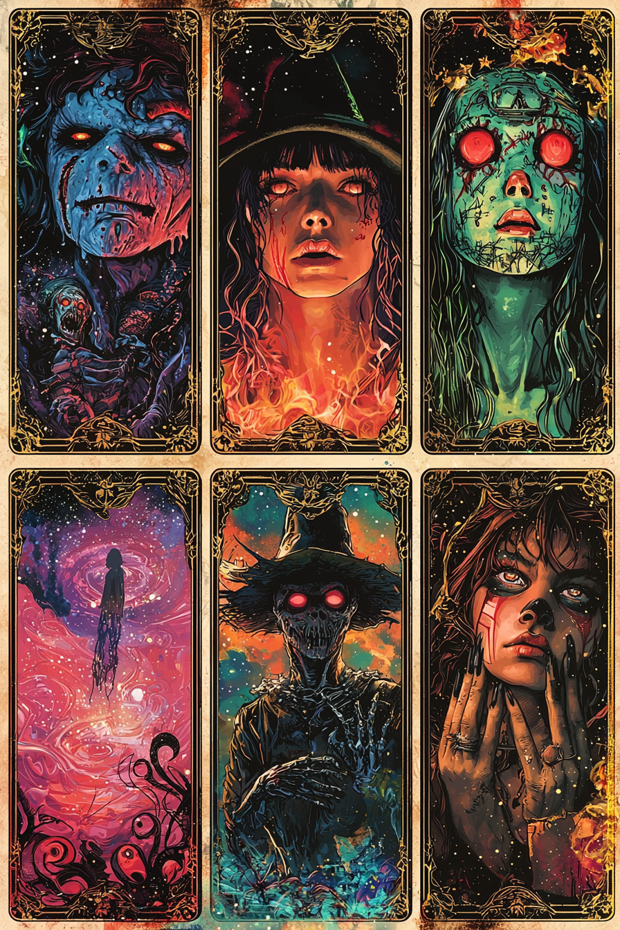 Tarot cards featuring horror movie characters in cosmic art.