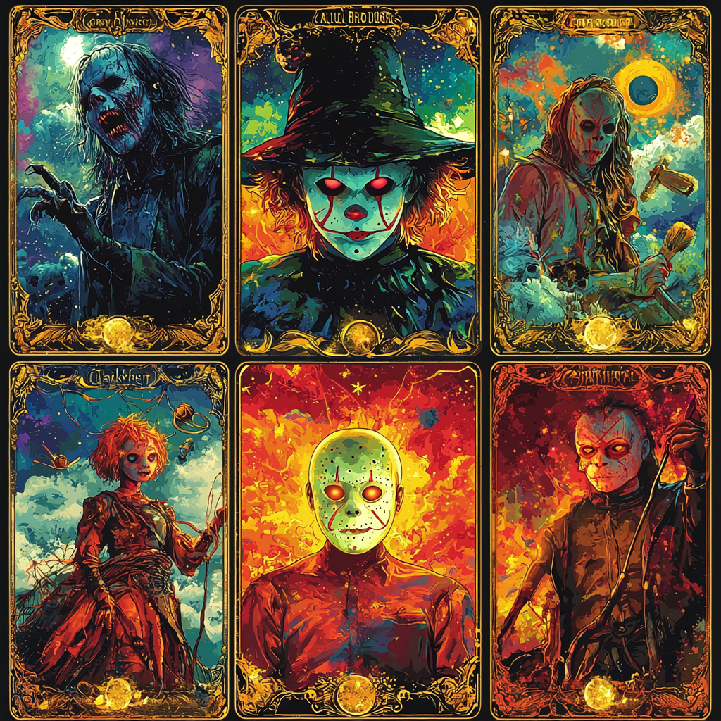 Tarot cards with horror movie characters in cosmic art.