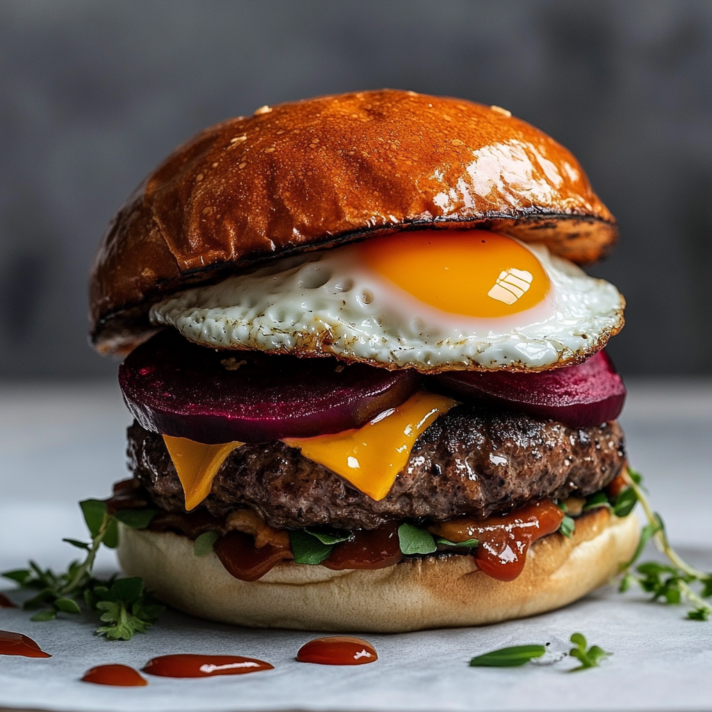 Tasty burger with beef patty, egg, cheese & BBQ