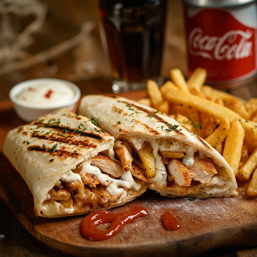 Tasty grilled chicken-filled sandwich with fries and Coke