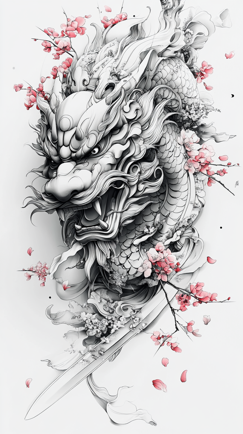 Tattoo Design: Samurai Hannya Mask with Katana & Cherry Blossoms