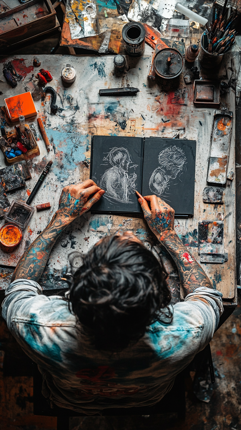 Tattoo artist sketching in book with sleeve tattoos