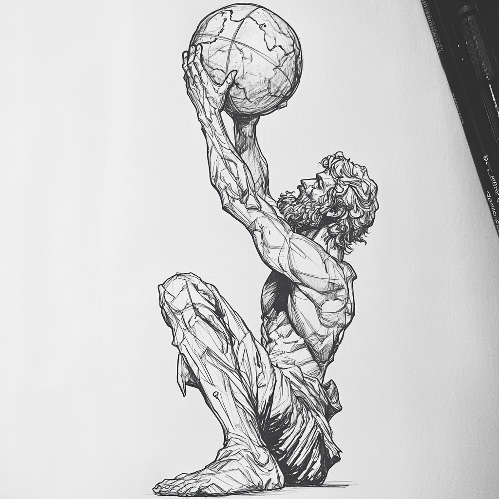 Tattoo design: Atlas holding Earth globe in fine line.