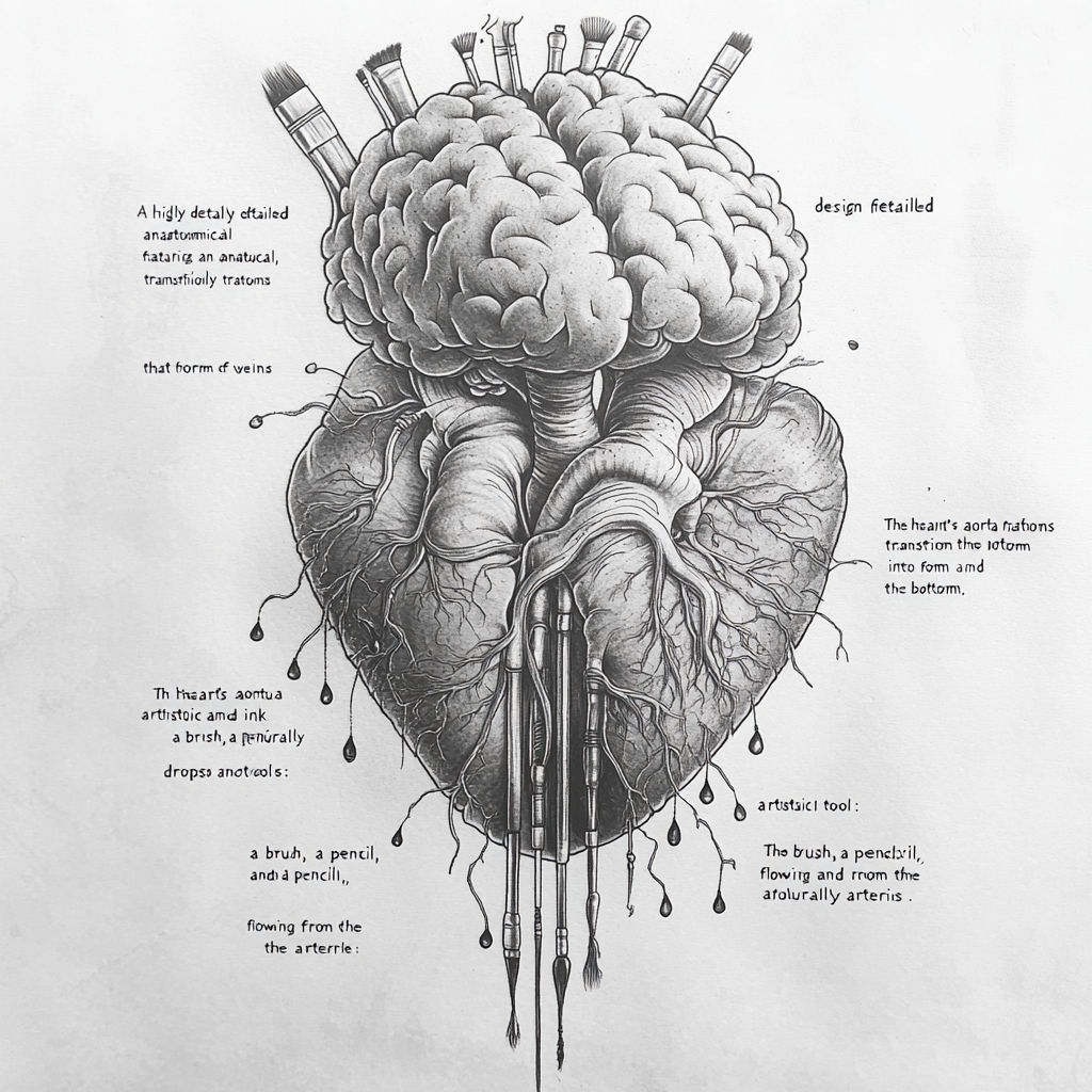 Tattoo of heart turning into brain, artistic tools.