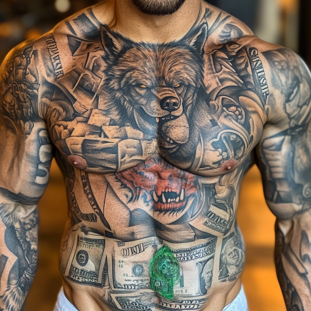 Tattoo of muscular wolf man with financial symbols.