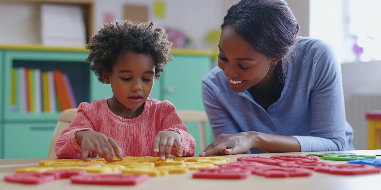 Teacher assisting visually impaired child with tactile learning materials.