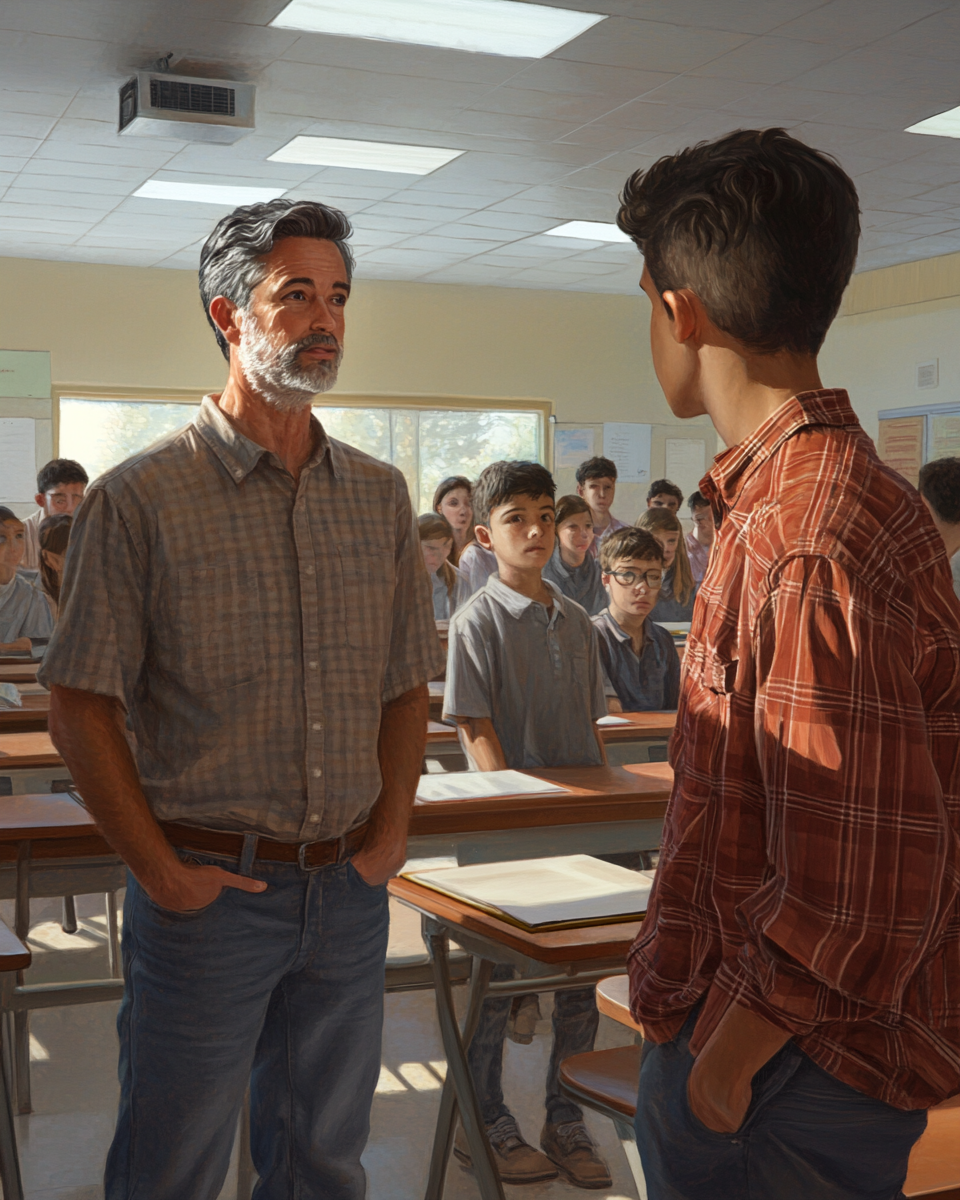 Teacher talking to student in classroom setting