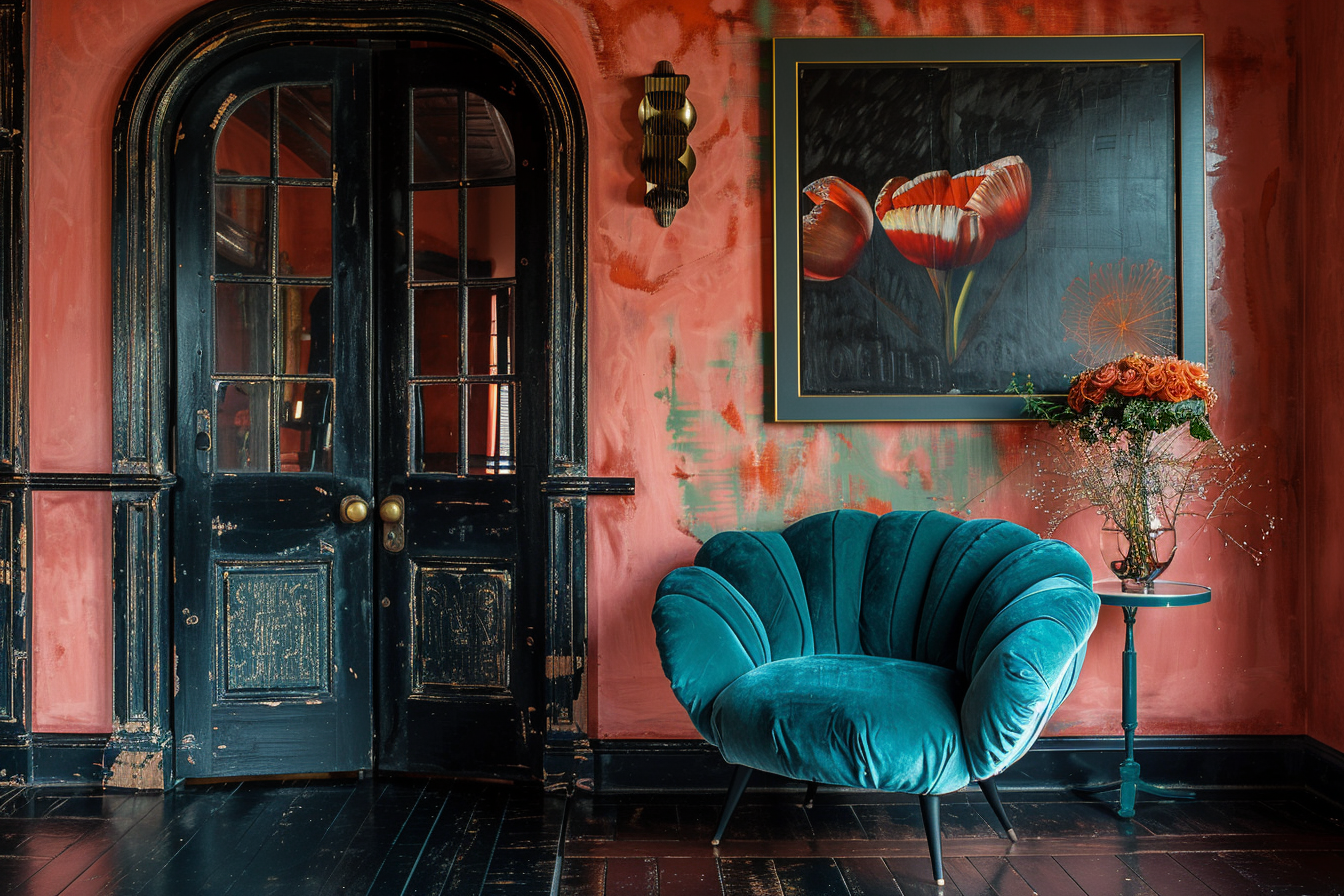 Teal chair on black floors with salmon walls