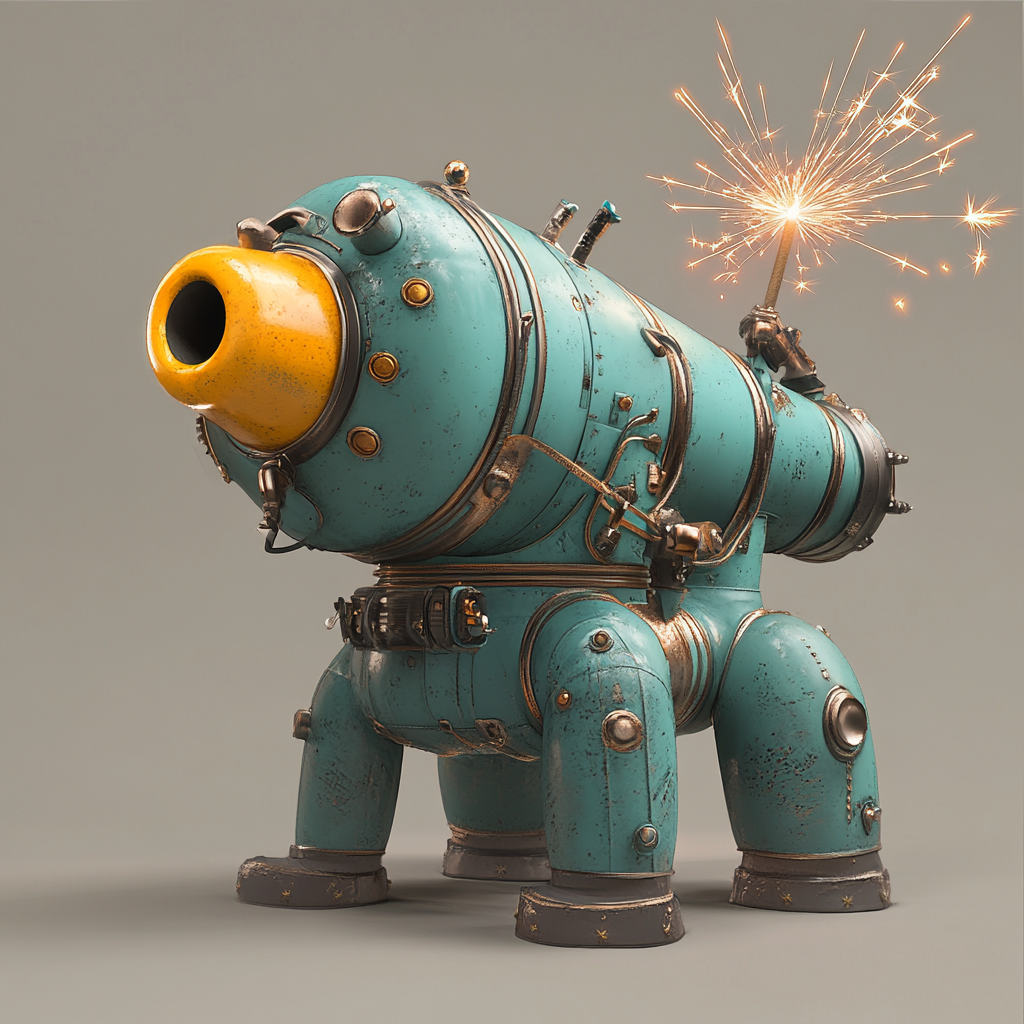 Teal-colored anthropomorphic canon about to explode a cannonball.