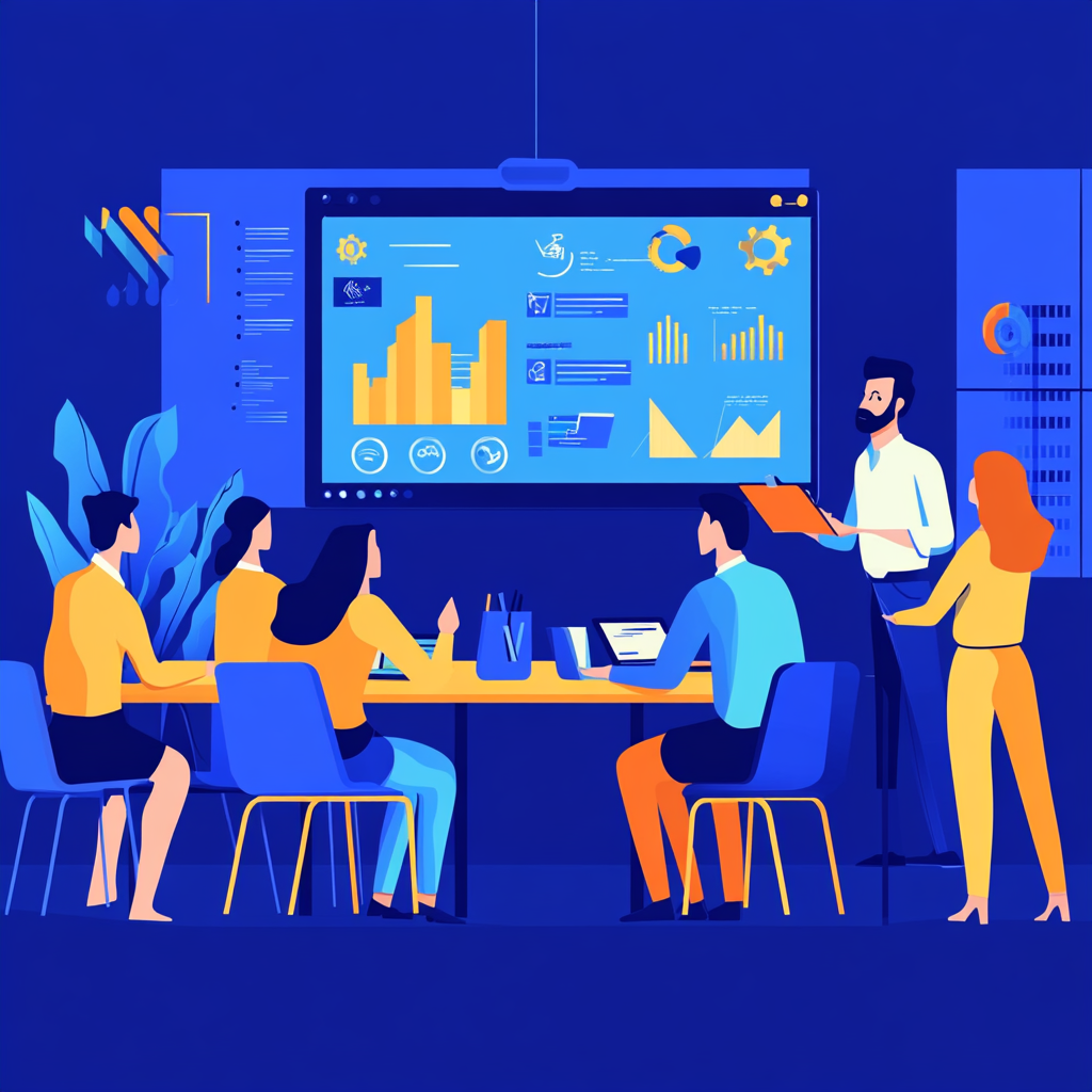 Team formation illustration around table, speaker with interactive screen.