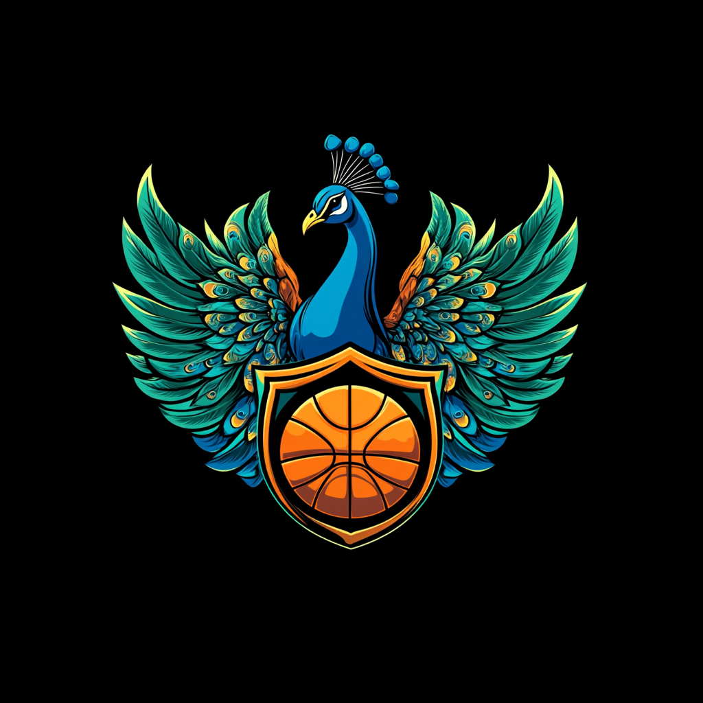 Team logo with proud peacock and basketball emblem