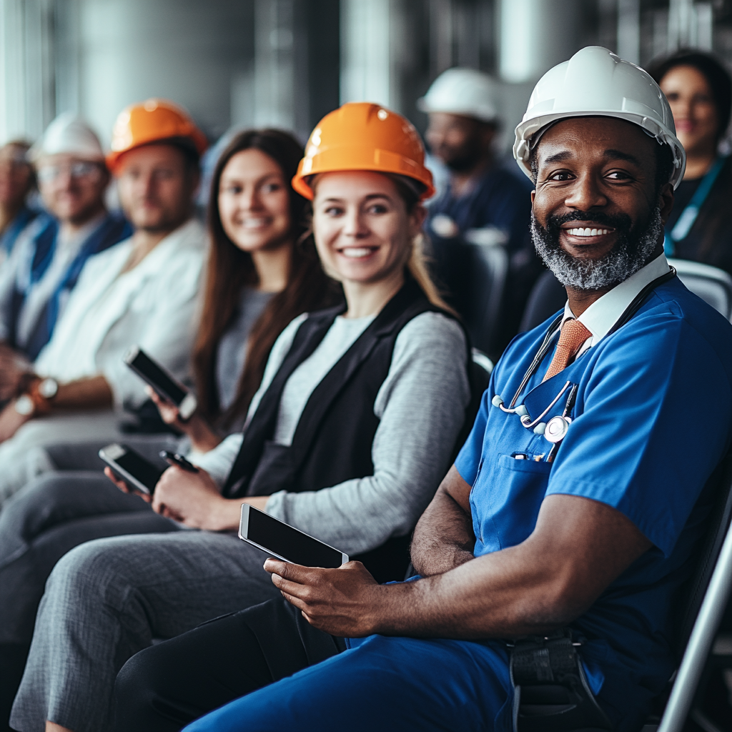 Team photo with empty chairs holding job tools.