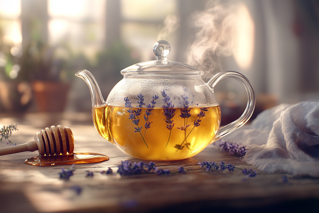 Teapot with Lavender Tea and Honey on Table