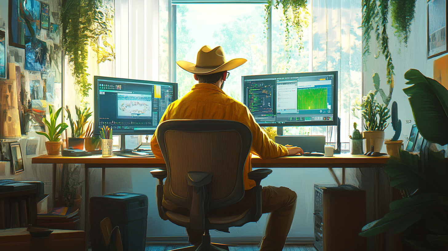 Tech person with cowboy hat at colorful desk.