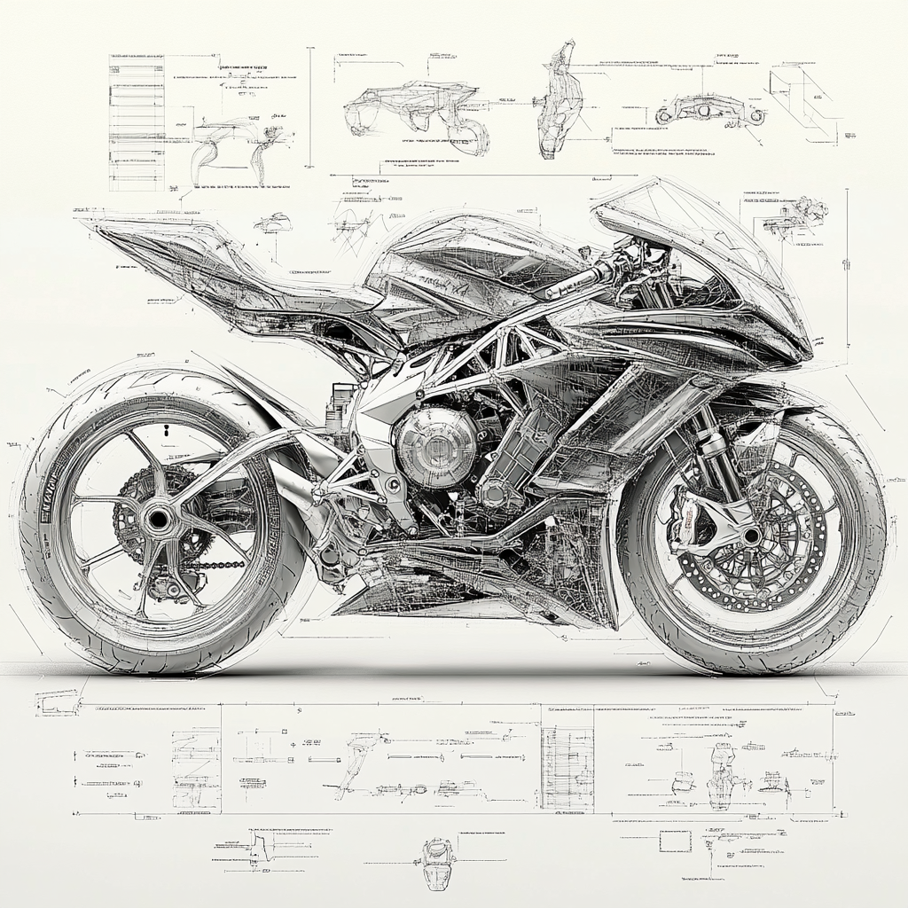 Technical blueprint, exploded view, high performance motorcycle. MV Agusta F4 RC, technical drawing, high tech.