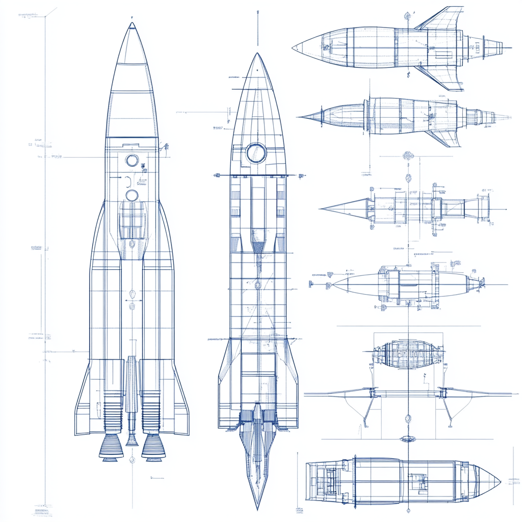 Technical rocket diagram with some color, stylized blueprint schematic.