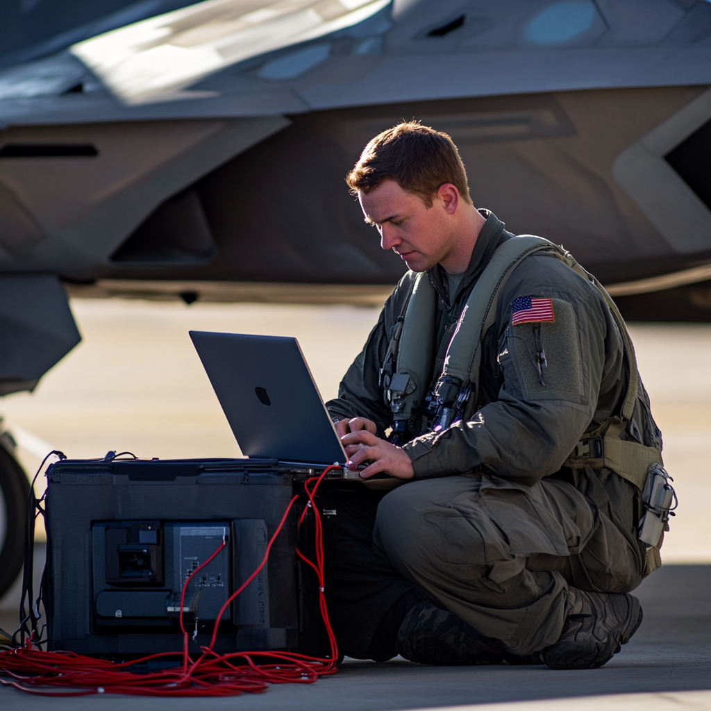 Technician tests F-22 with laptop at Air Force Base.