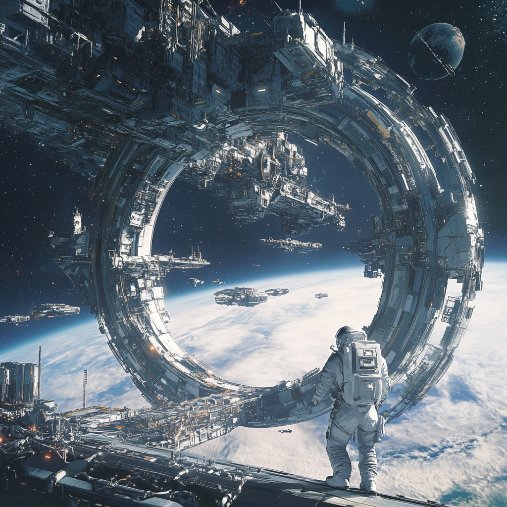 Technological ring space station, cybernetic astronaut spacewalk maintenance.