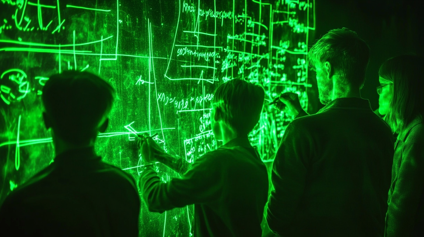 Technologists solving problems with glowing green equations