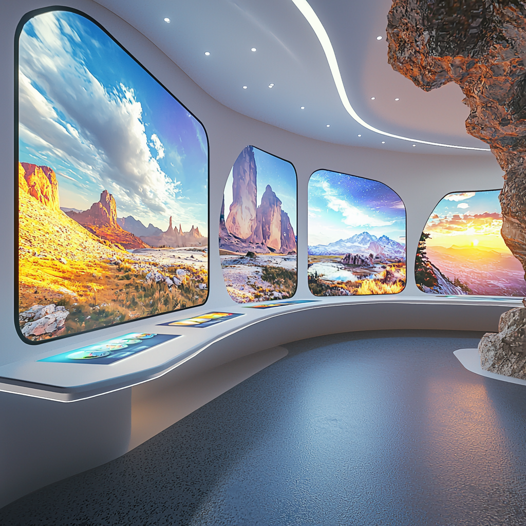 Technology and nature-themed virtual reality tourism booth.