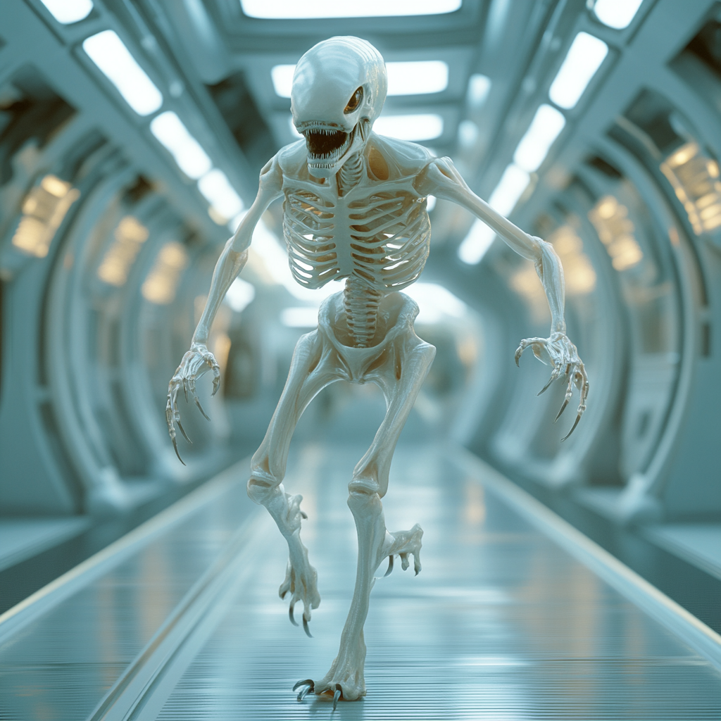 Techy alien with silicone ribcage runs through corridor.