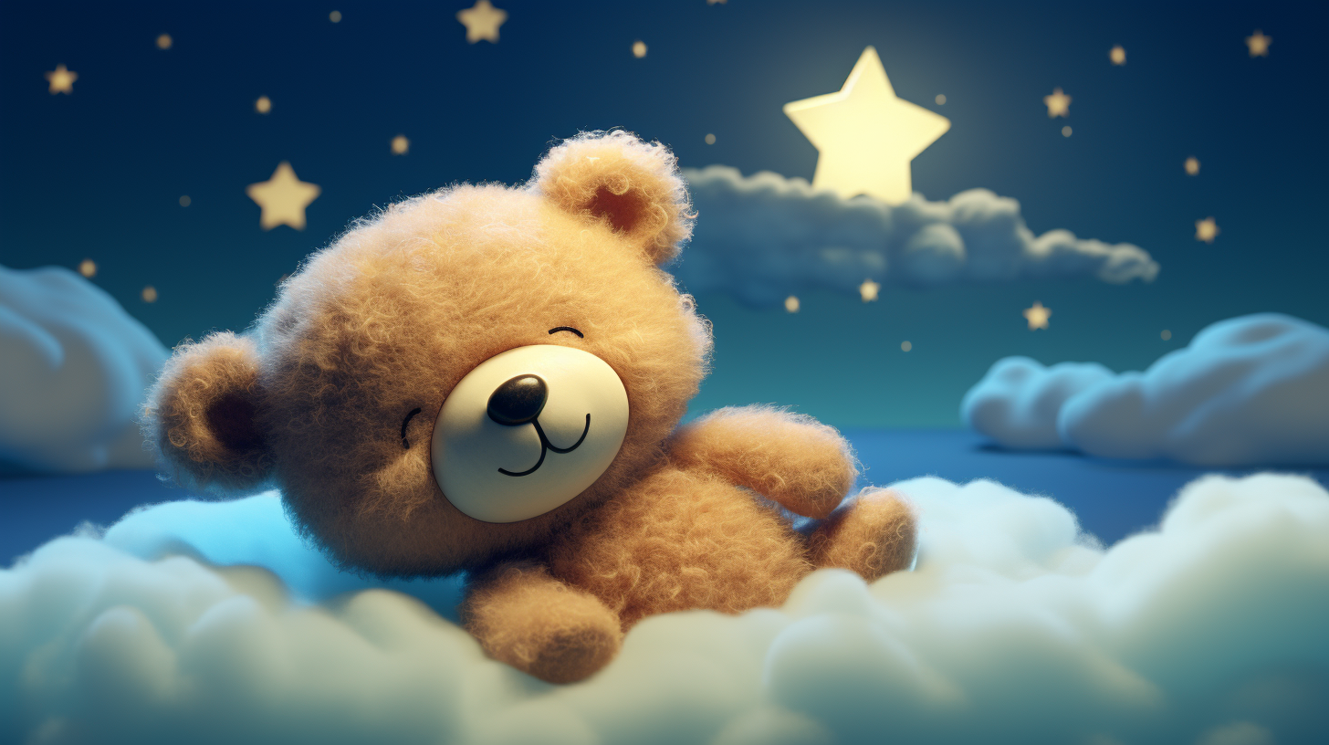 Teddy bear cartoon sleeping on clouds with moon and stars.