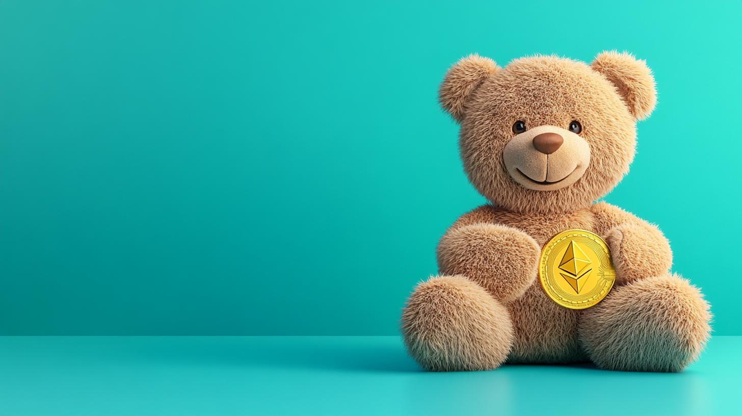 Teddy bear holding ethereum coin on bright background.