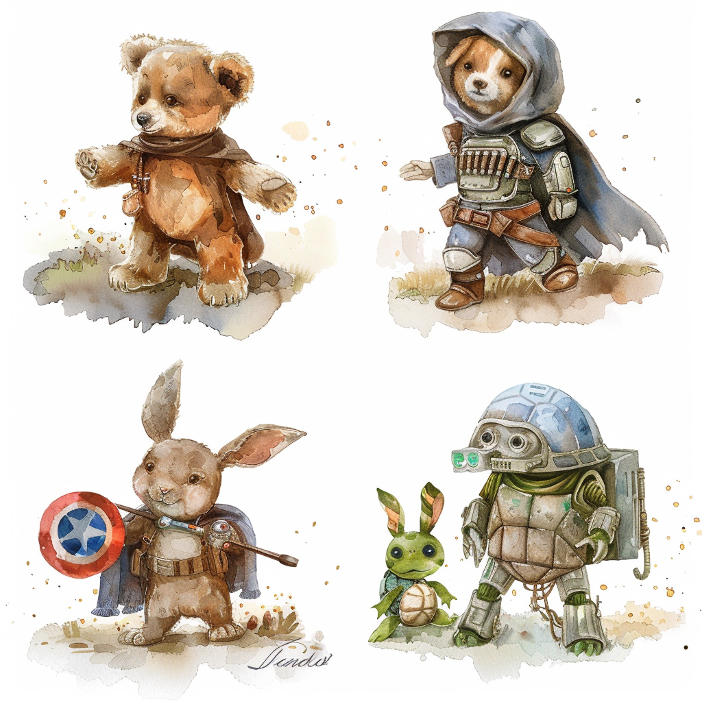 Teddy bear jedi, rabbit superhero, puppy bandit, turtle robot.