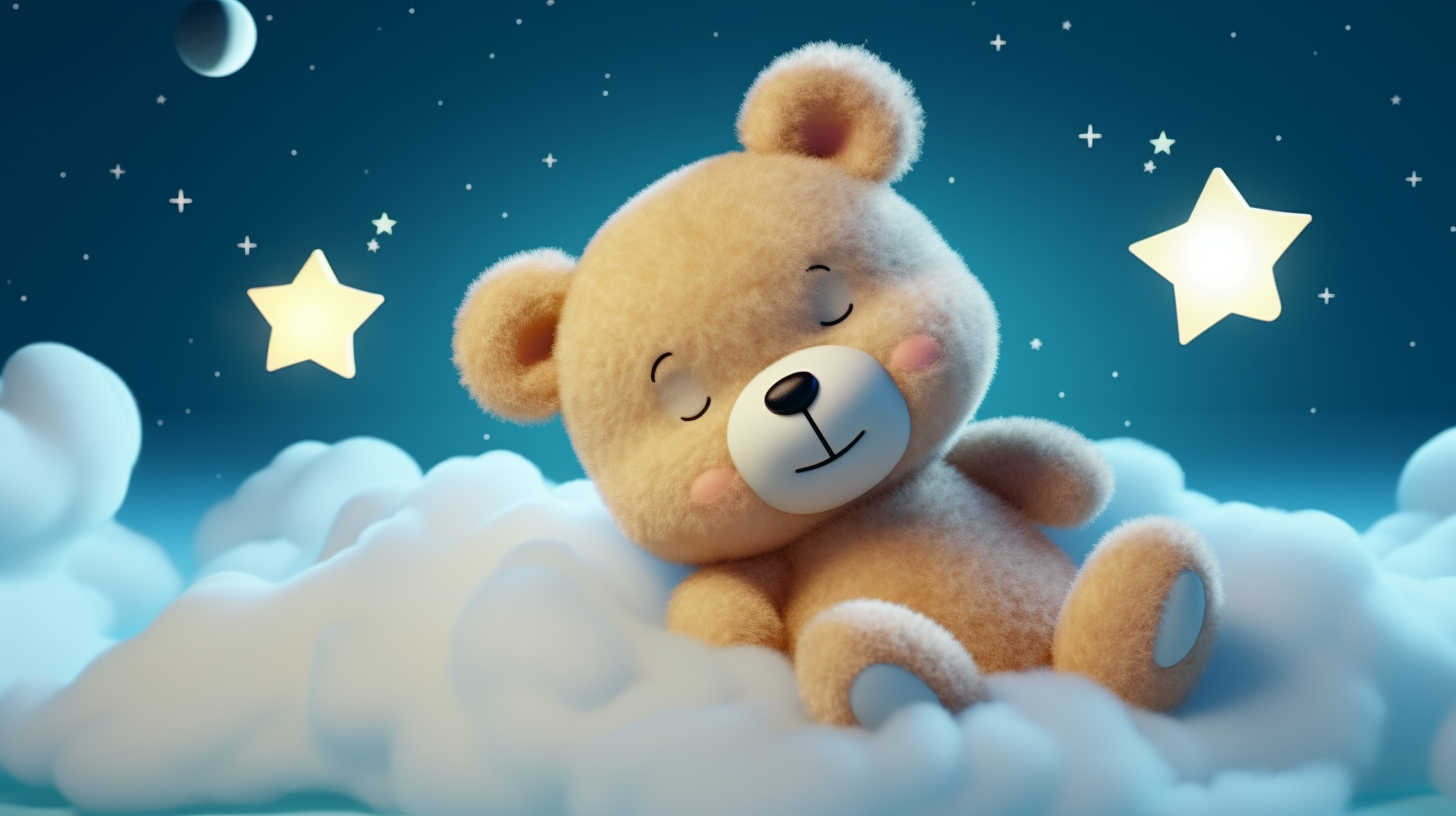 Teddy bear sleeping on clouds, moon and stars.