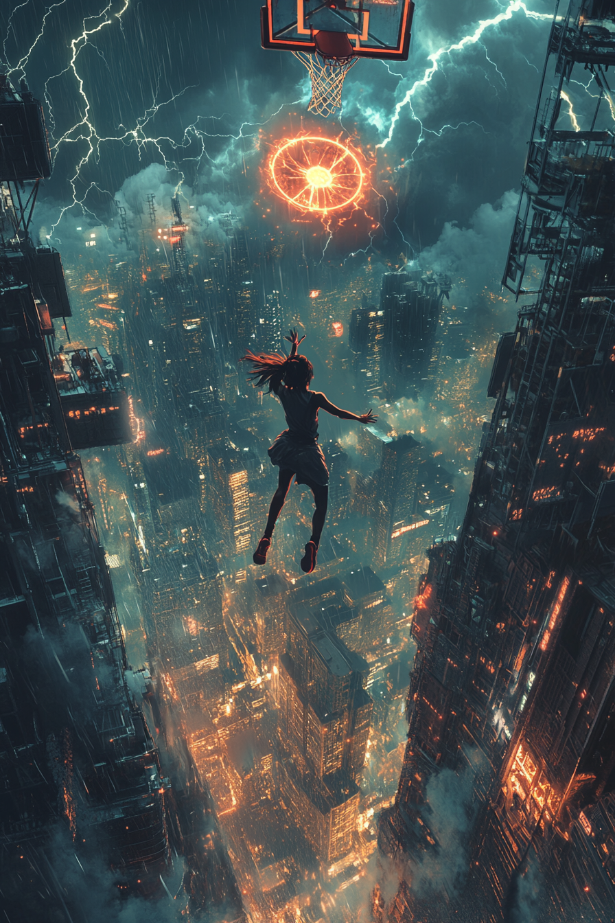 Teen Female Superhero Astra Dunking Electrified Basketball in Dystopian City