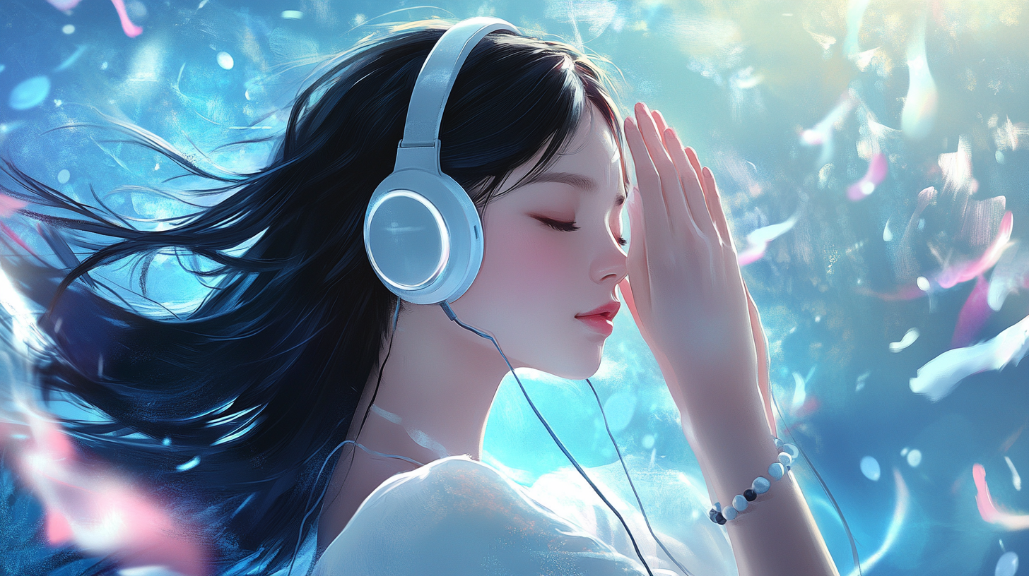 Teen Korean girl immersed in music, serene background