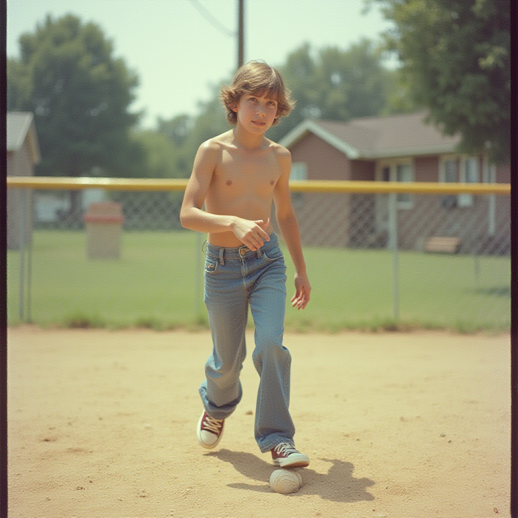 Teen Playing Baseball in 1980s Suburb Summer