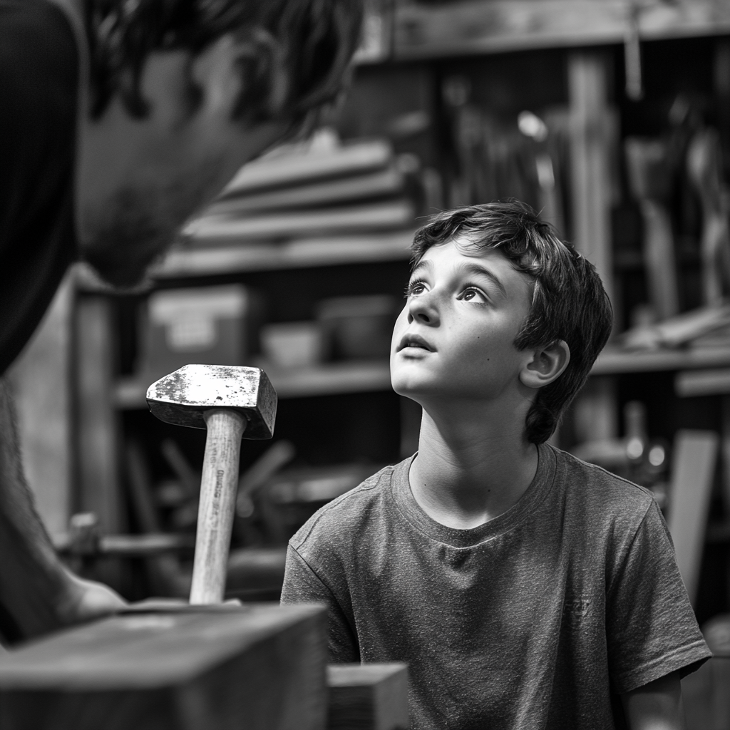 Teen boy in workshop looking up at mentor holding hammer.