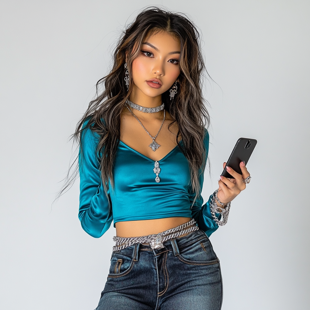 Teen girl in y2k fashion photoshoot with phone