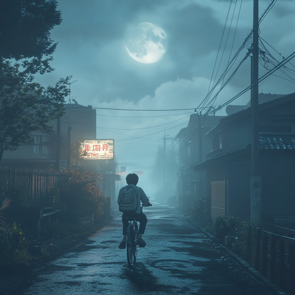 Teenage Boy Riding Bicycle on Quiet Moonlit Street