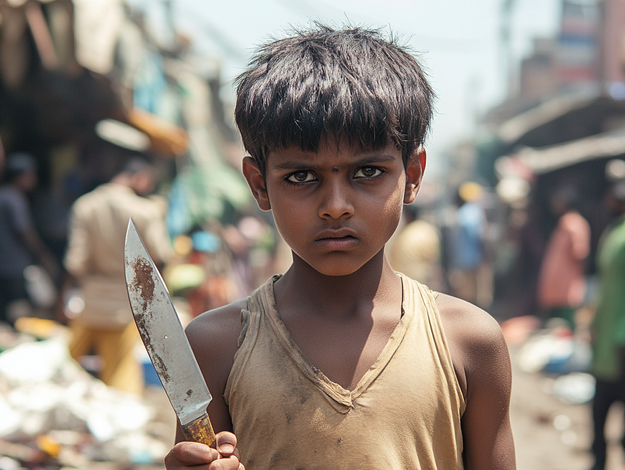 Teenage Boys in Poor Indian City with Knife