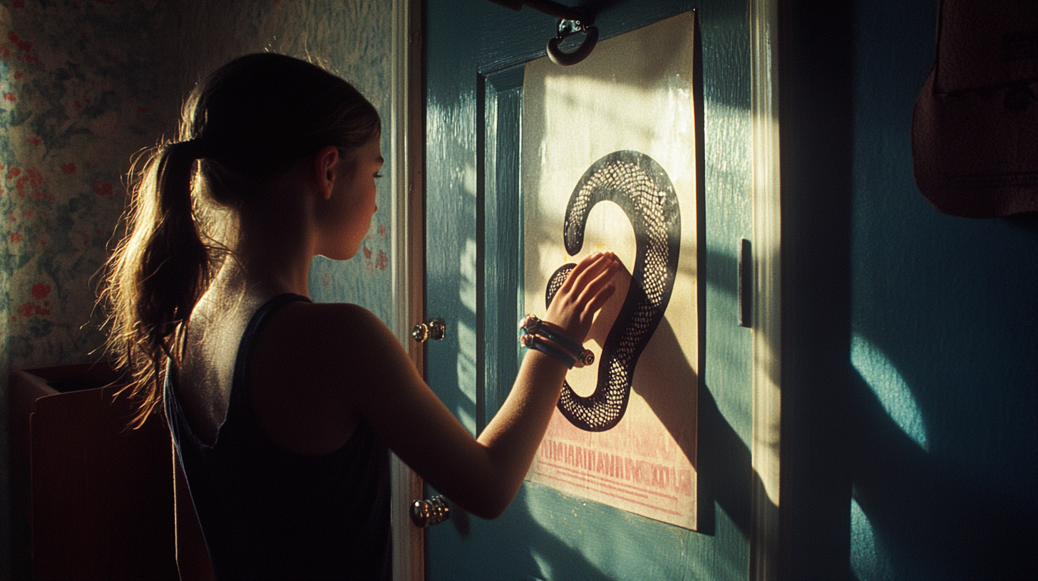 Teenage Girl Hits Snake Poster near Pull-up Bar