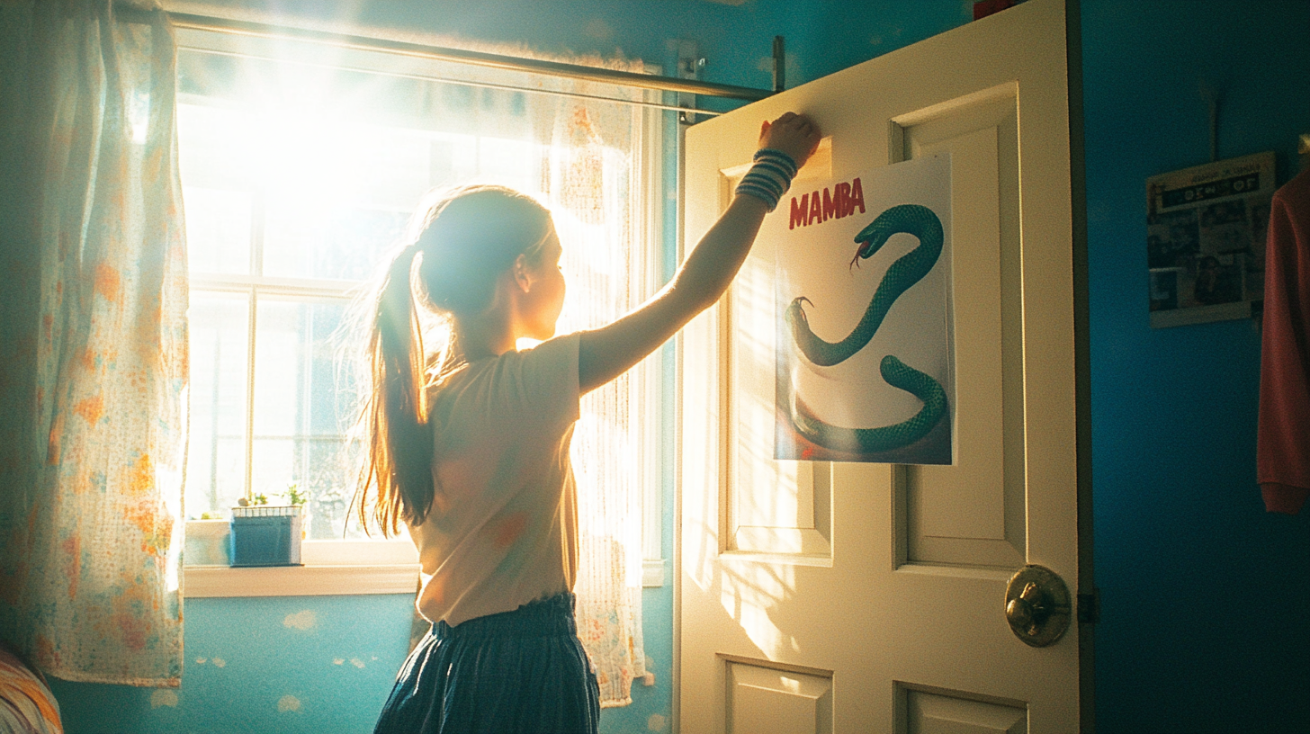 Teenage Gymnast Slaps Mamba Poster in Sunlit Room